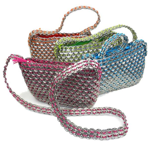 4 pop top recycled purses. The colors of the purses is pink, blue, green & orange