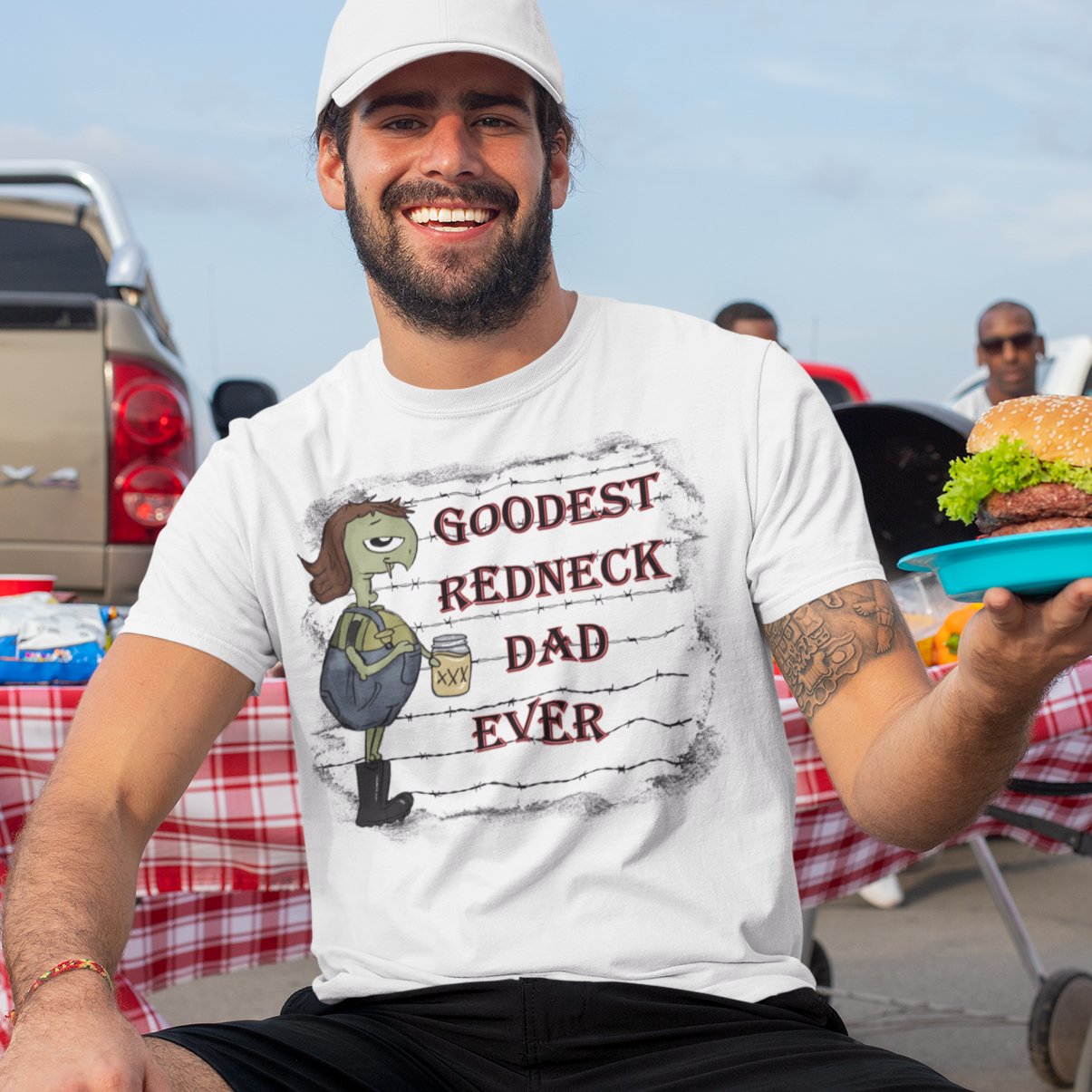 Man wearing a goodest redneck dad ever t-shirt with a redneck looking turtle on it