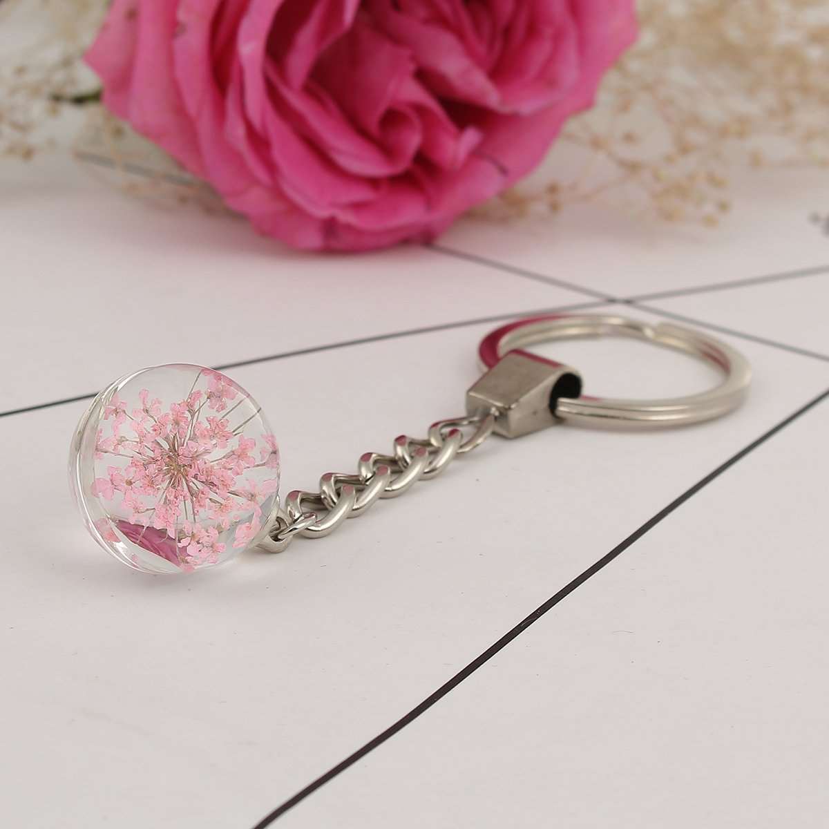 Handmade Genuine Dried Flower Glass Globe Keychain Pink - My Custom Tee Party