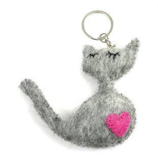 Handmade Grey Heart Felt Cat Key Ring - My Custom Tee Party
