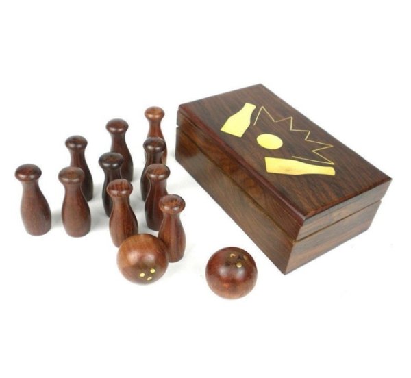 Wooden desktop bowling set with a wooden gift box