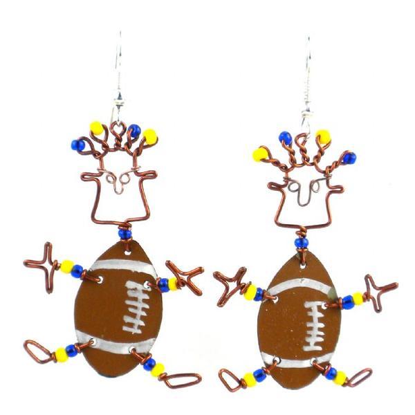handmade recycled football earrings shaped like a person with the main body as a football