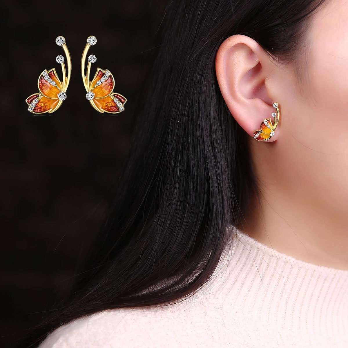 Brown and Gold Butterfly Earrings with Rhinestones - My Custom Tee Party