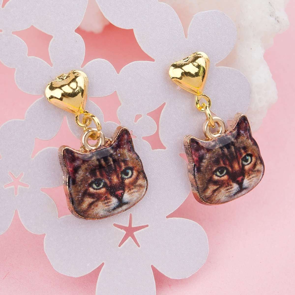 Brown Cat Earrings with Gold Heart - My Custom Tee Party