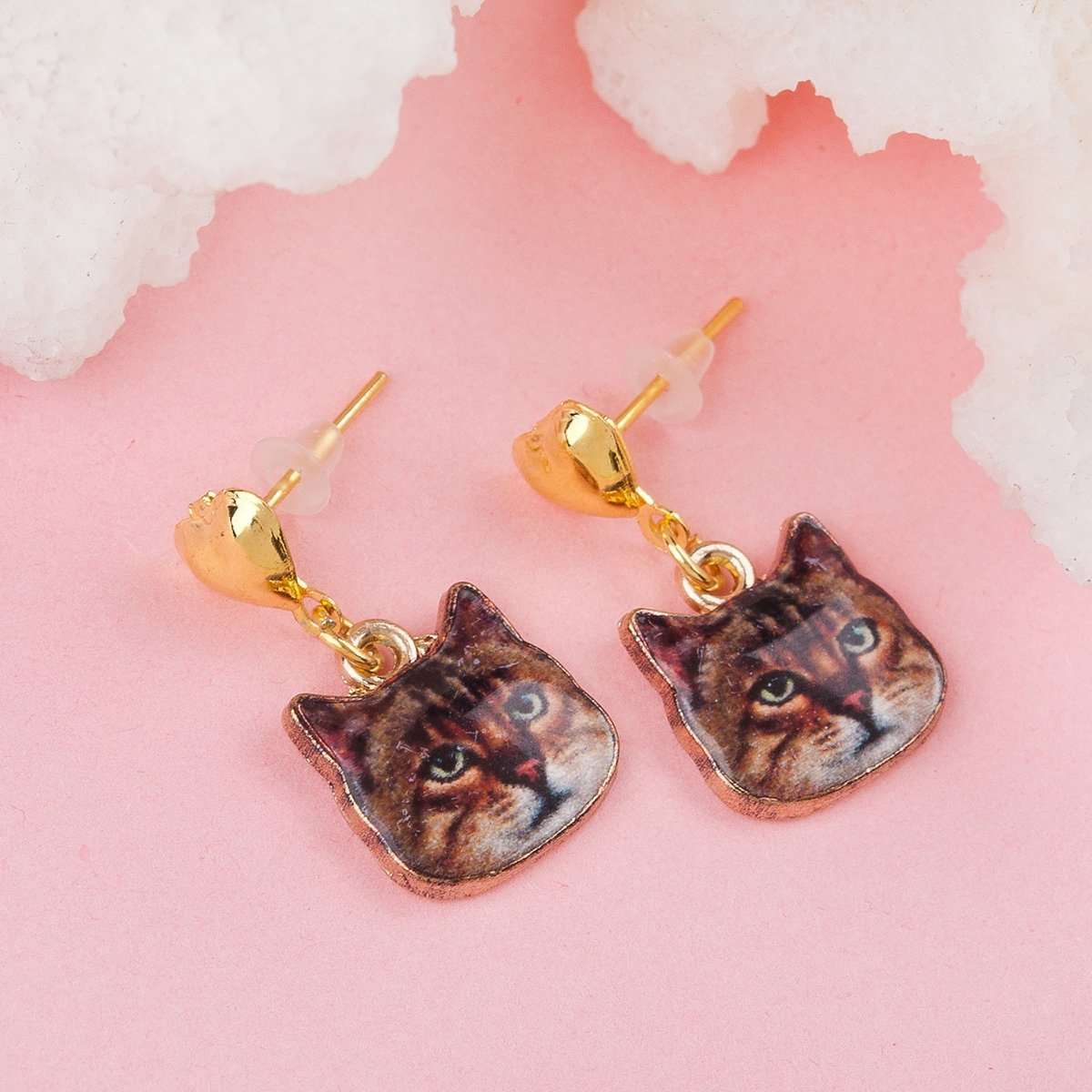 Brown Cat Earrings with Gold Heart - My Custom Tee Party