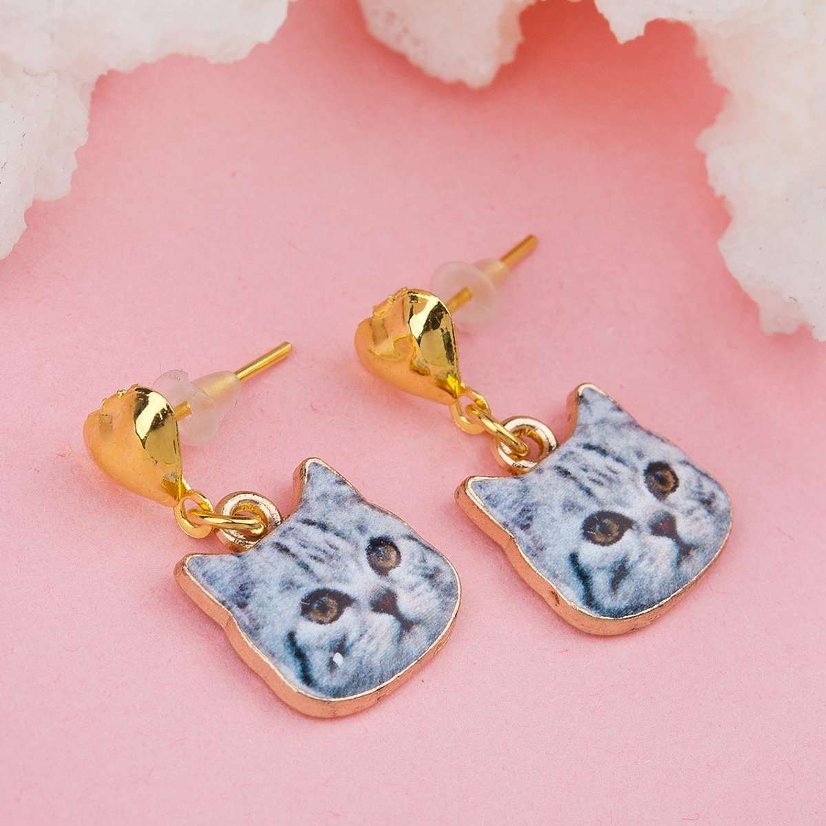 French Gray Cat Earring with Gold Heart - My Custom Tee Party