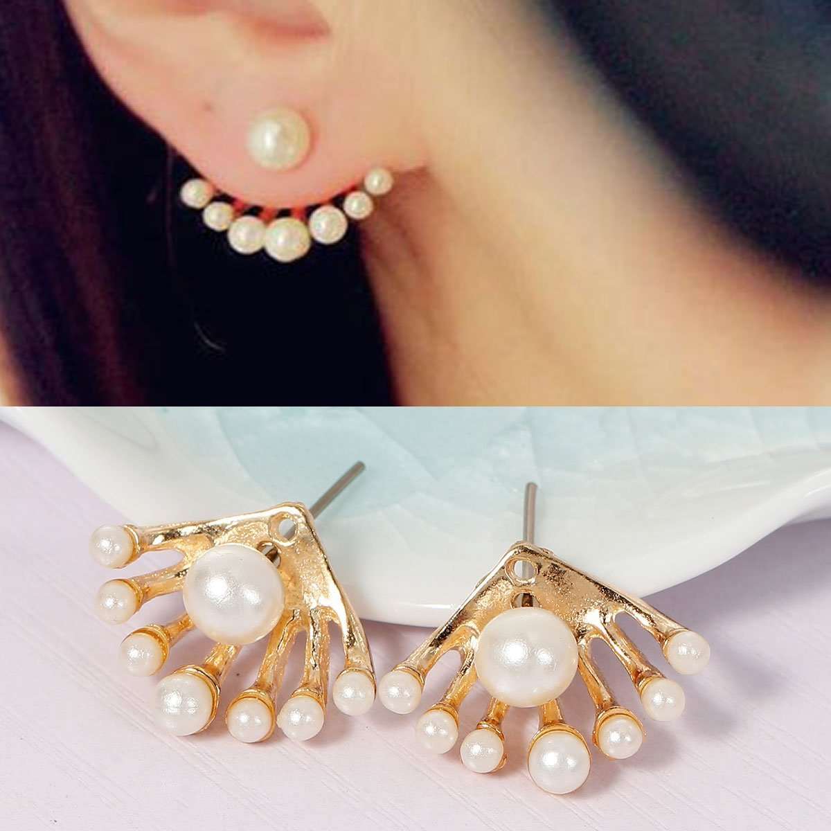 Gold Fan Earrings with Imitation Pearl - My Custom Tee Party