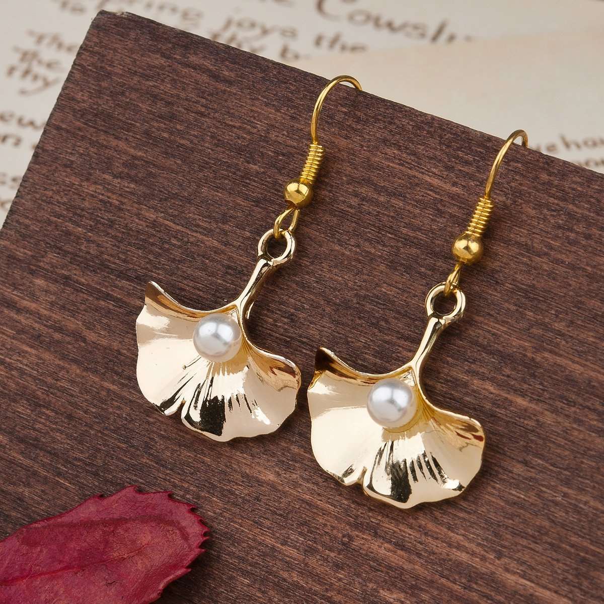 Gold Gingko Leaf with Imitation Pear Earrings - My Custom Tee Party