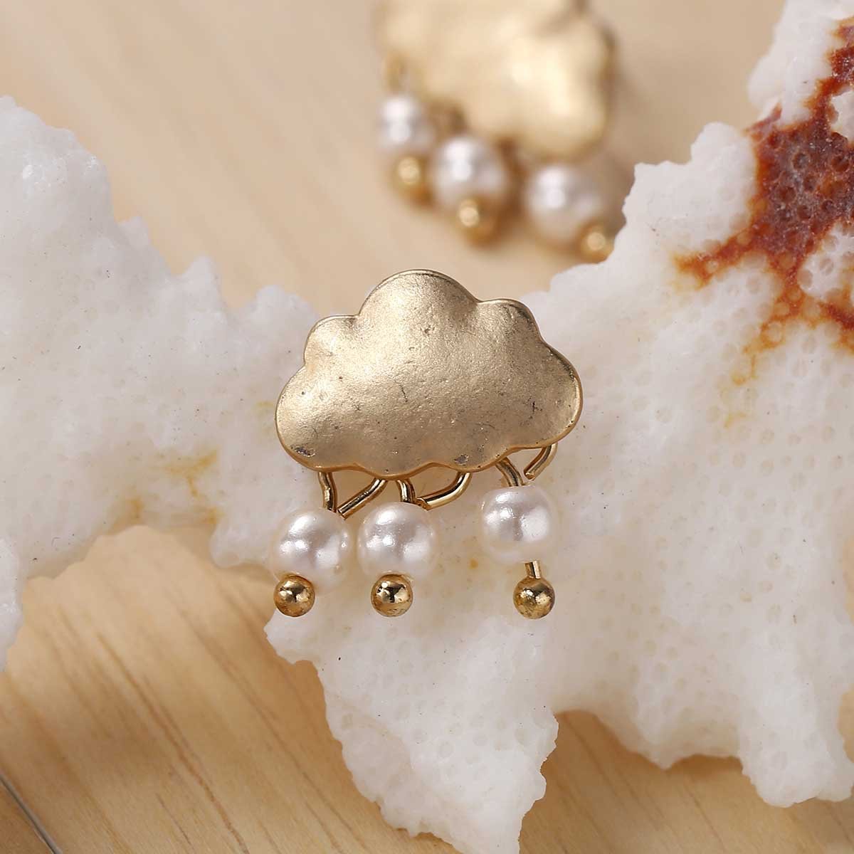 Golden Cloud Earrings with Faux Pearl Raindrops - My Custom Tee Party