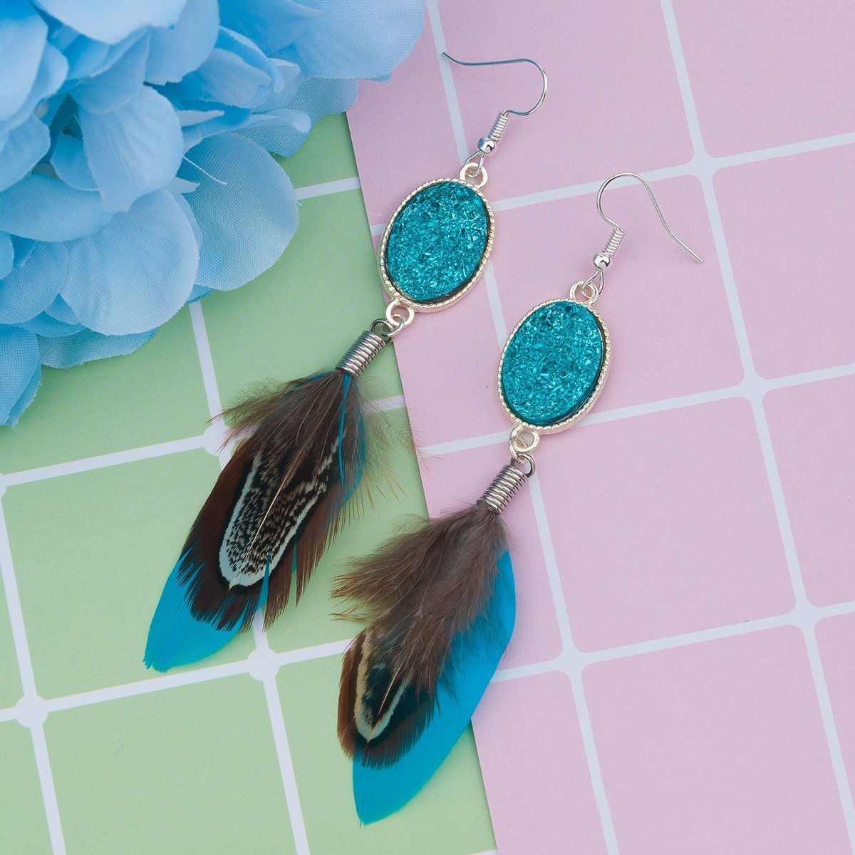 Lake Blue Feathered Crystal Earring - My Custom Tee Party