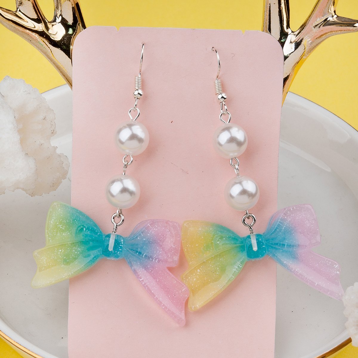 Multicolor Bowtie Glitter Imitation Pearl Earrings - My Custom Tee Party