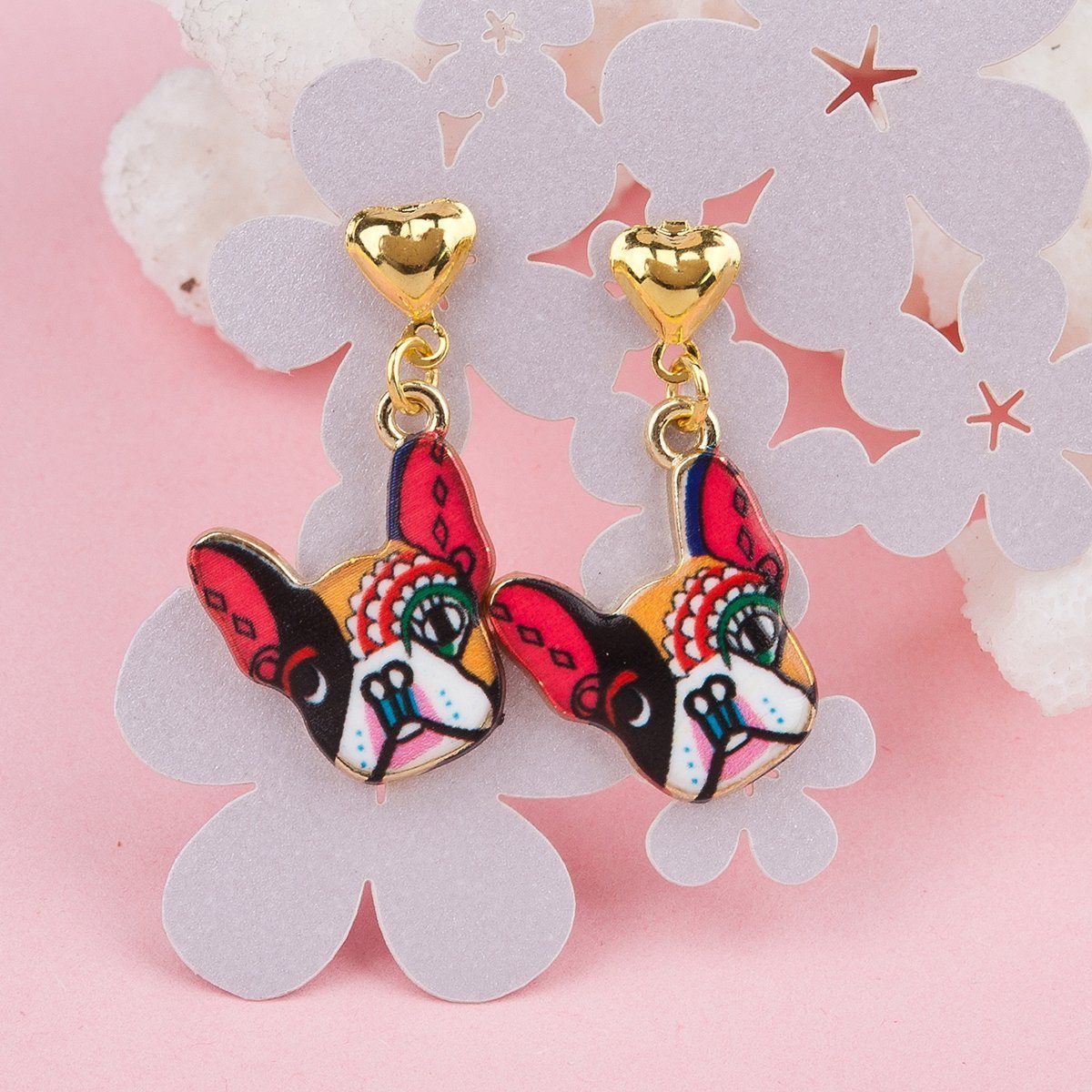Multicolor Dog Earring with Gold Heart - My Custom Tee Party