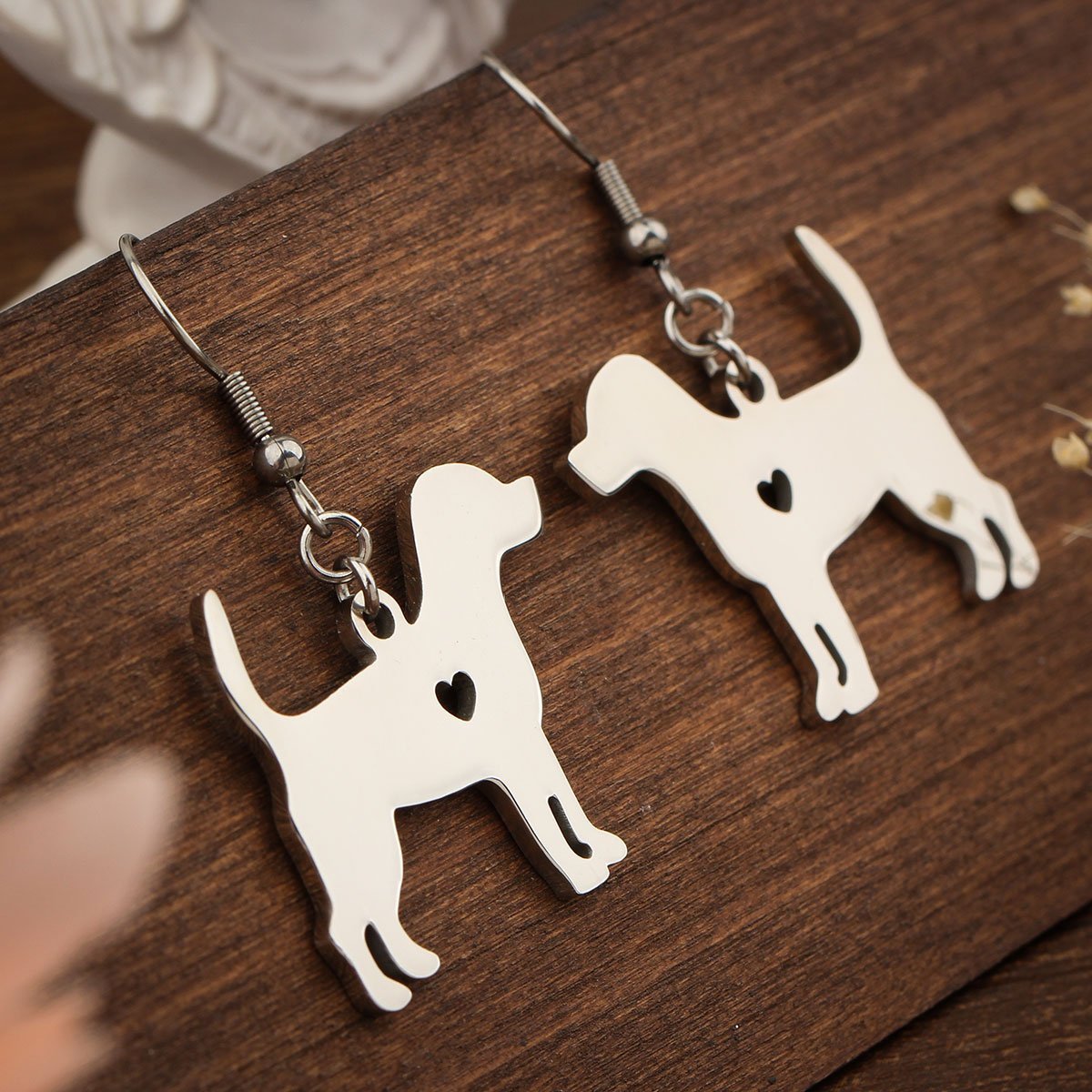 Stainless Steel Beagle Silhouette with Heart Earrings - My Custom Tee Party