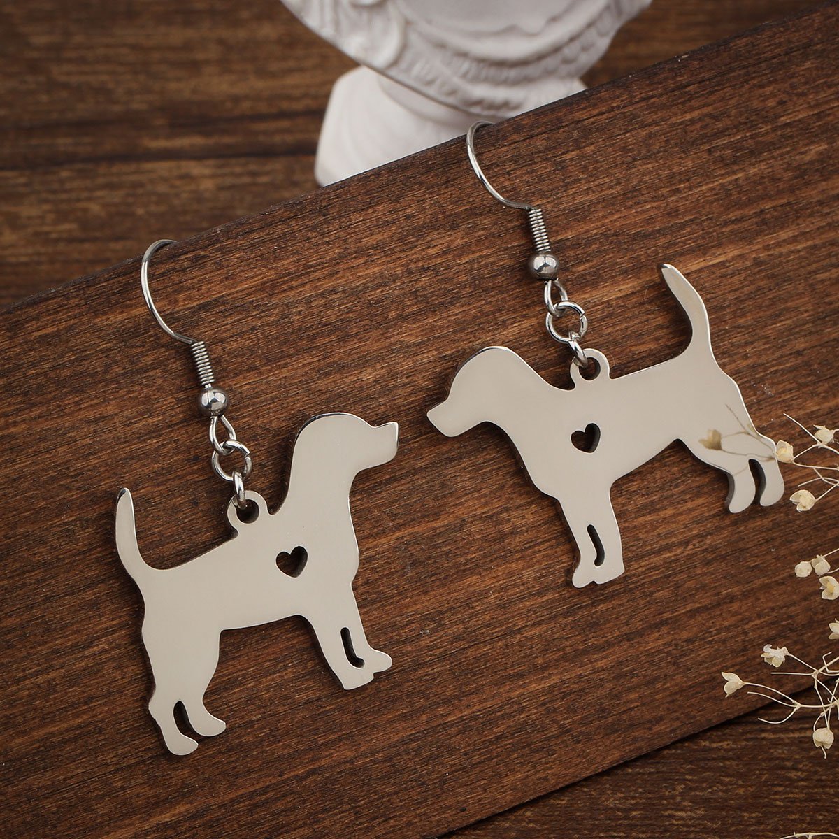 Stainless Steel Beagle Silhouette with Heart Earrings - My Custom Tee Party